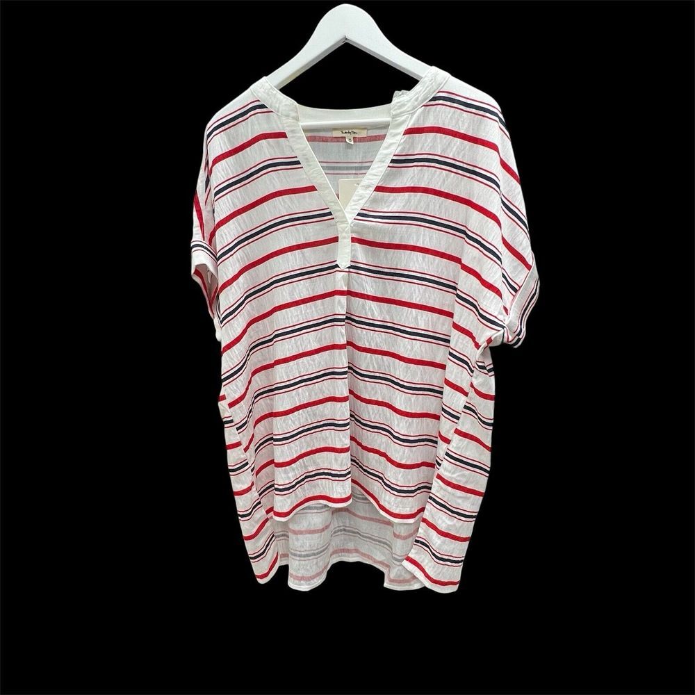 Twenty Ten Women's Top Medium White With Red And Navy Stripes Hi Lo‎ S/S 499